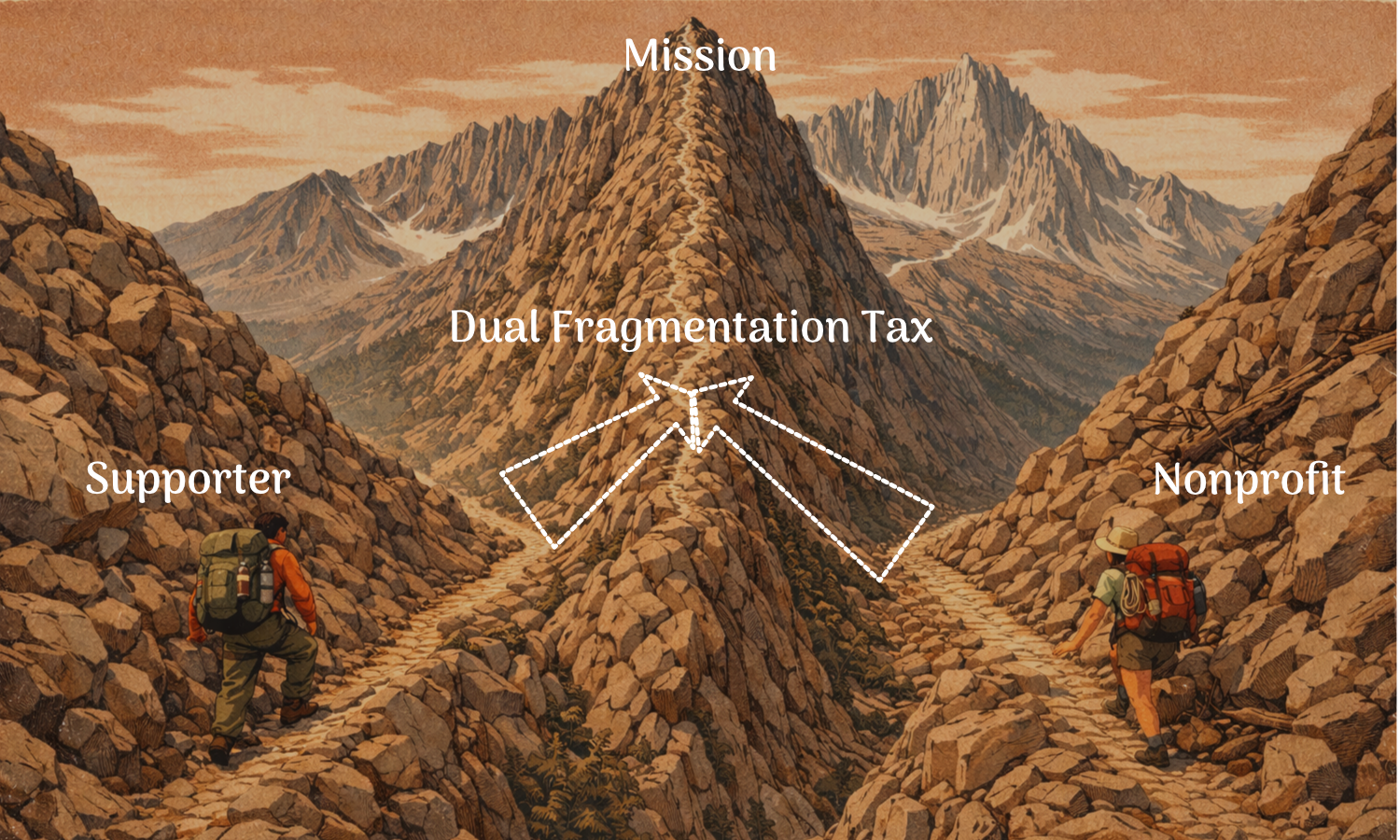 Illustration showing fragmented puzzle pieces on one side representing disconnected nonprofit tools, and overwhelmed supporters juggling notifications on the other.