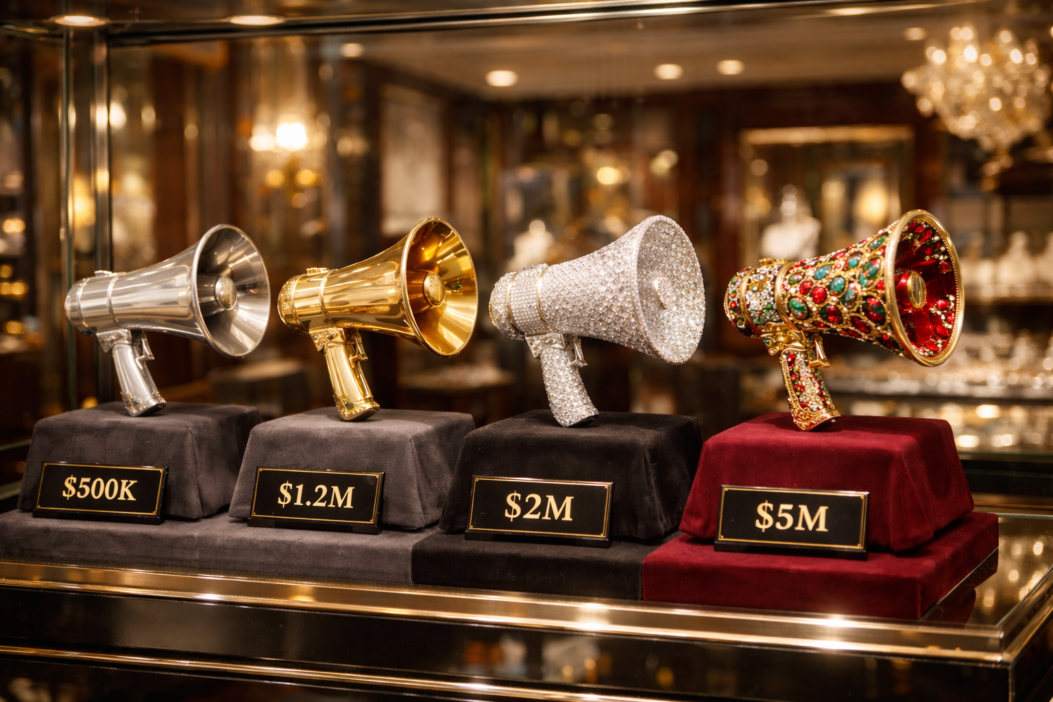 Luxury jewelry-store display case with four megaphones on velvet pedestals, increasing in opulence from brushed silver to gem-encrusted, with price tags from $500K to $5M.